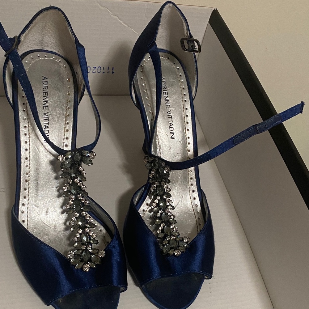 Adrienne Vittadini Navy Satin Heels with Jeweled Detail